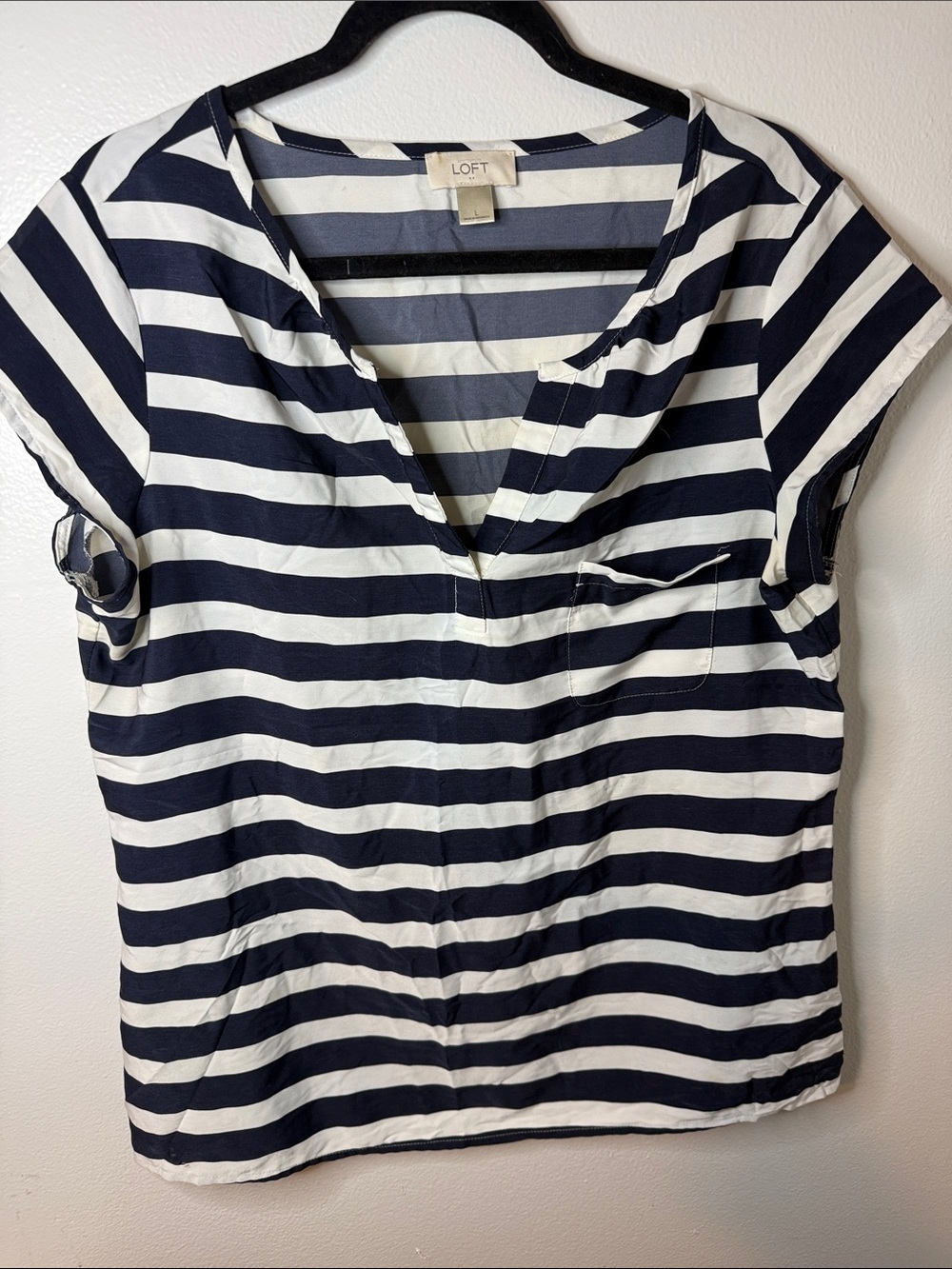 LOFT Navy and White Striped V-Neck Pocket Tee